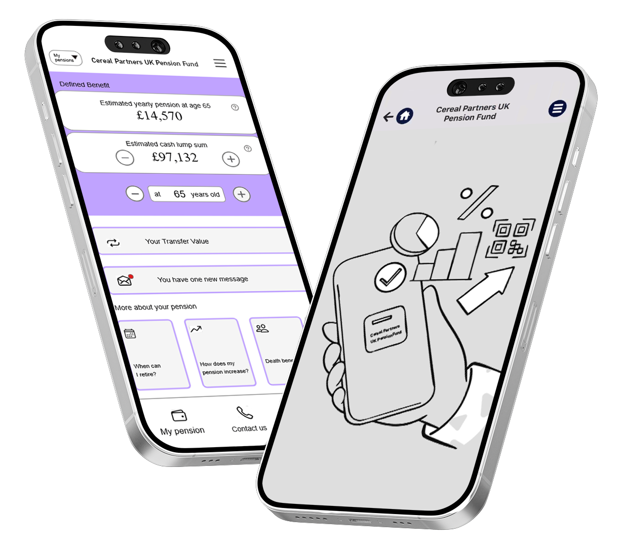 Picture of two phones with the Pocket Pension App on the screens